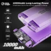 10000mAh magnetic wireless power bank with 22.5W fast charging, 15W wireless Stylish purple portable charger for iPhone & Android.