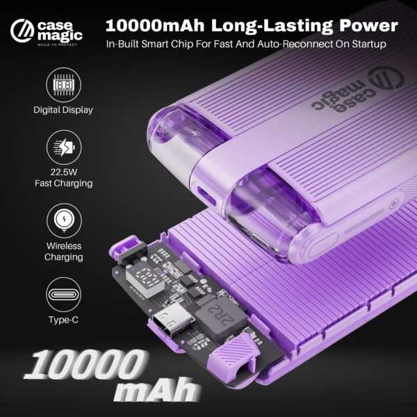 10000mAh magnetic wireless power bank with 22.5W fast charging, 15W wireless Stylish purple portable charger for iPhone & Android.