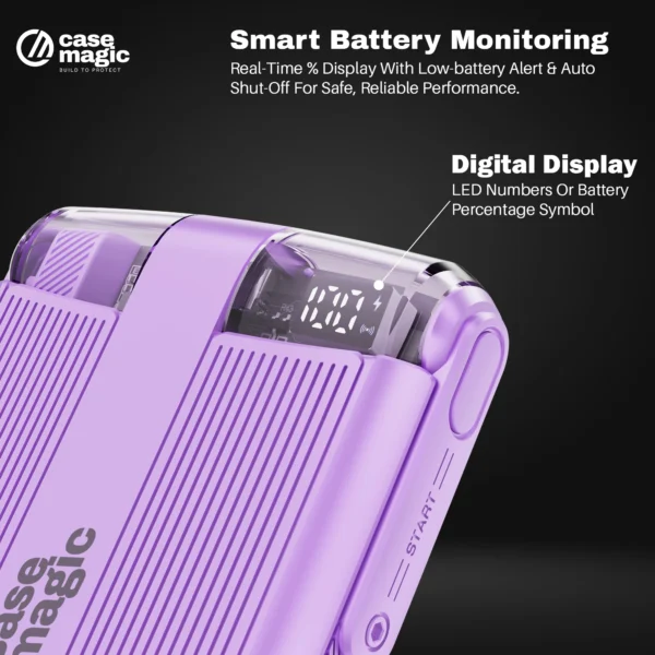 10000mAh magnetic wireless power bank with 22.5W fast charging, 15W wireless Stylish purple portable charger for iPhone & Android.
